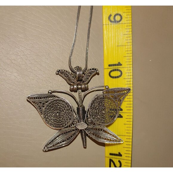 Filigree Butterfly Pendant Wheat Necklace Vintage Sterling Silver 925 From Turke - Picture 5 of 16